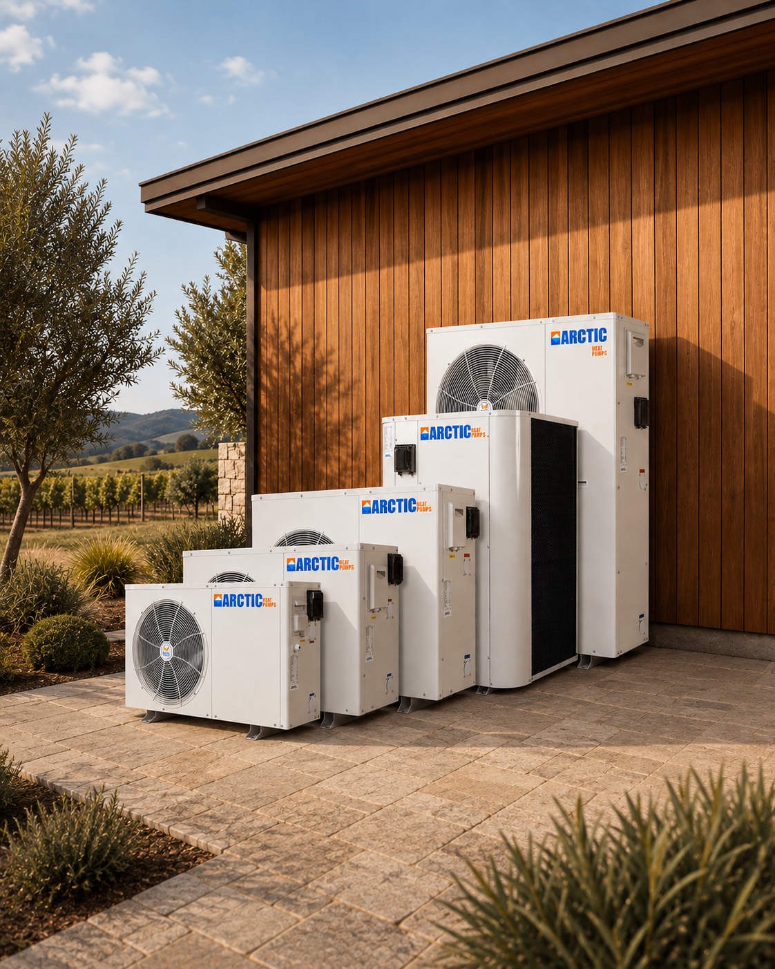 Five Arctic pool and spa heat-pump models shown beside a cedar Sonoma County home