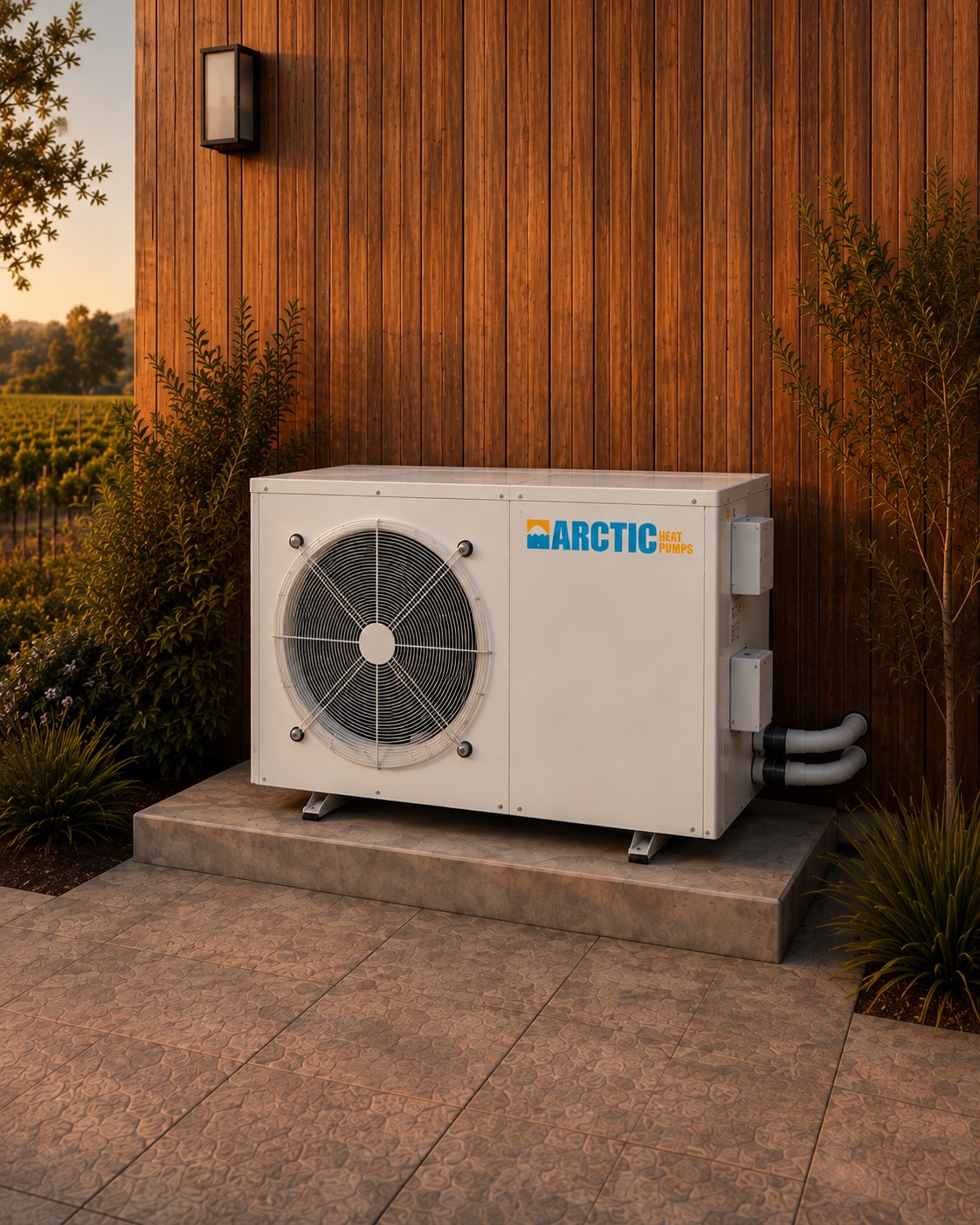 Arctic heat pump positioned on a service pad beside a cedar Sonoma County home