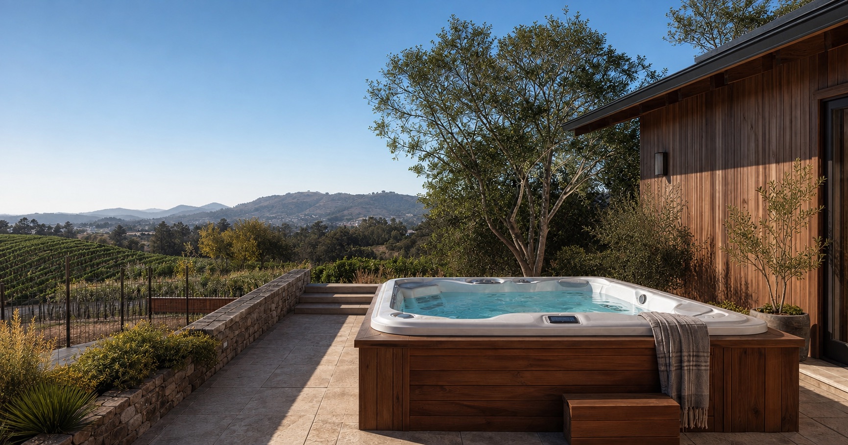 Hot tub overlooking a Sonoma County vineyard in daylight