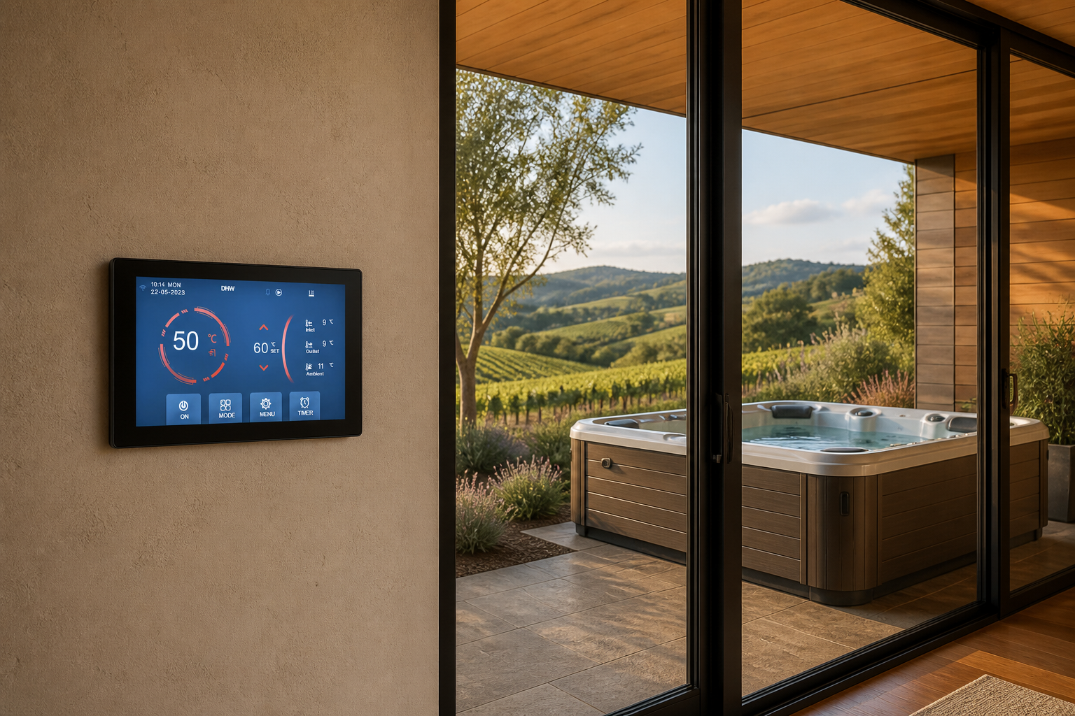 Arctic touch-screen controller mounted inside a Sonoma County home beside sliding glass doors overlooking the outdoor hot tub and vineyards